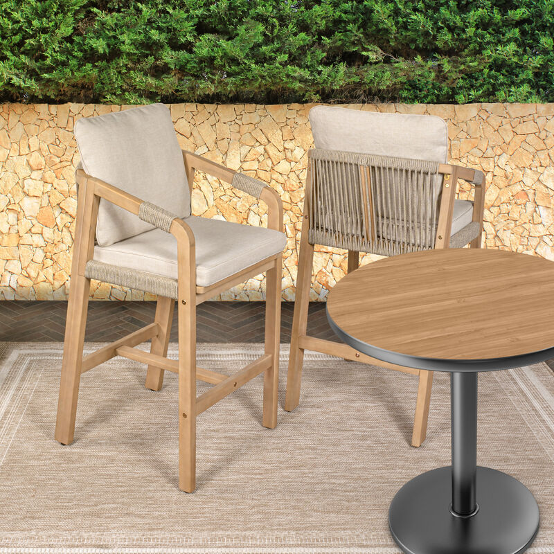 Porto Modern Coastal Tub Roped Acacia Wood Outdoor Bar Stool with Cushions and Armrests
