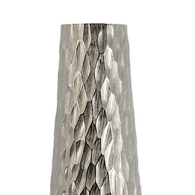 23 Inch Tall Oblong Vase, Diamond Textured, Tapered, Aluminum, Silver - Benzara