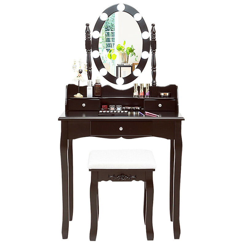 Oval Mirror Vanity Set  with 10 LED Dimmable Bulbs and 3 Drawers