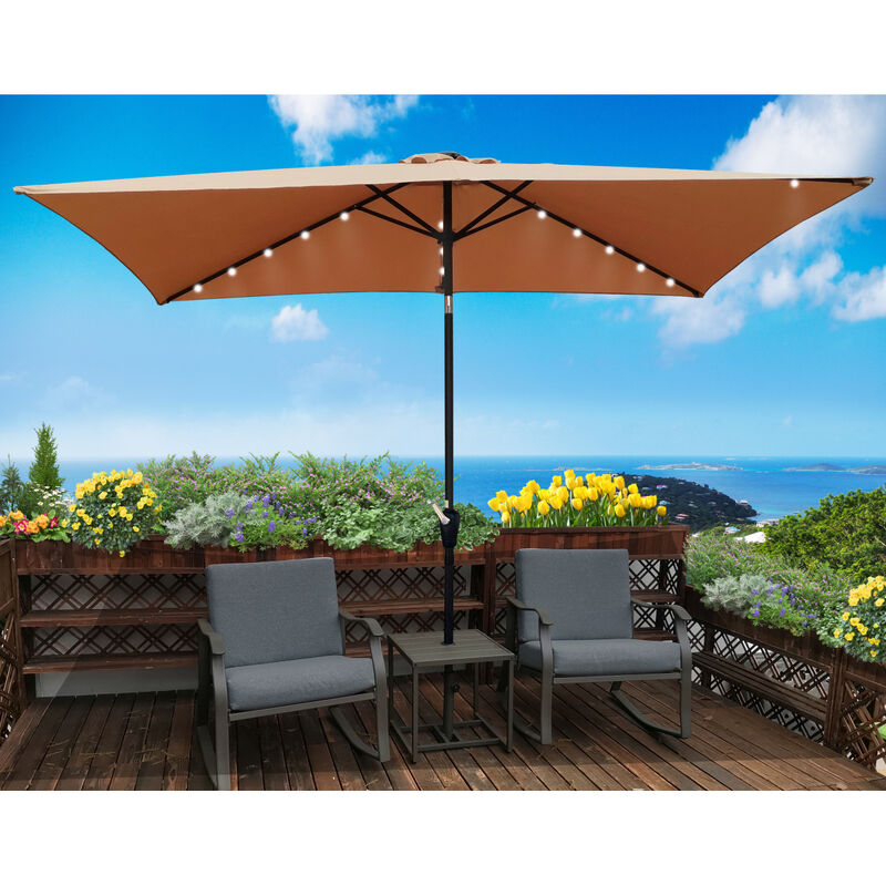 10 X 6.5FT Rectangular Patio Solar LED Lighted Outdoor Umbrellas With Crank And Push Button