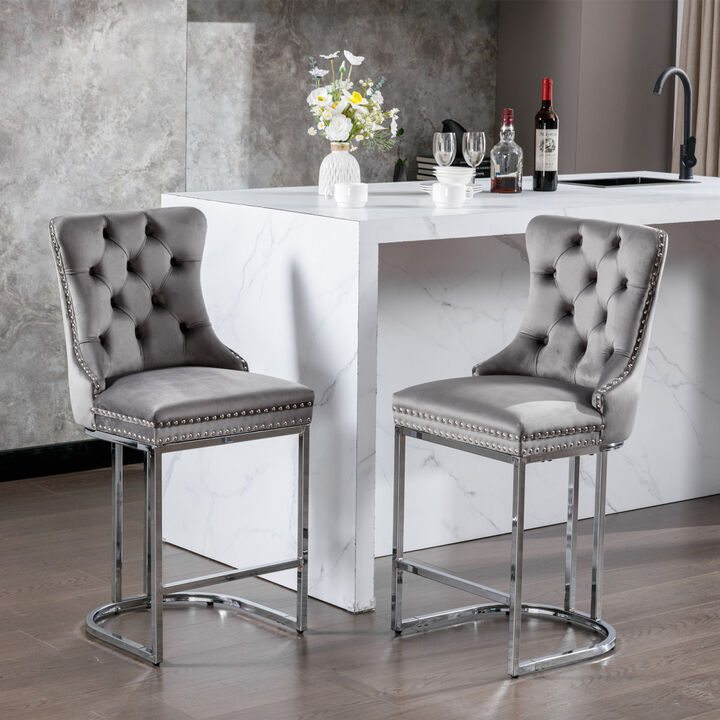 Modern Gray Velvet Bar Stools Set Of 2