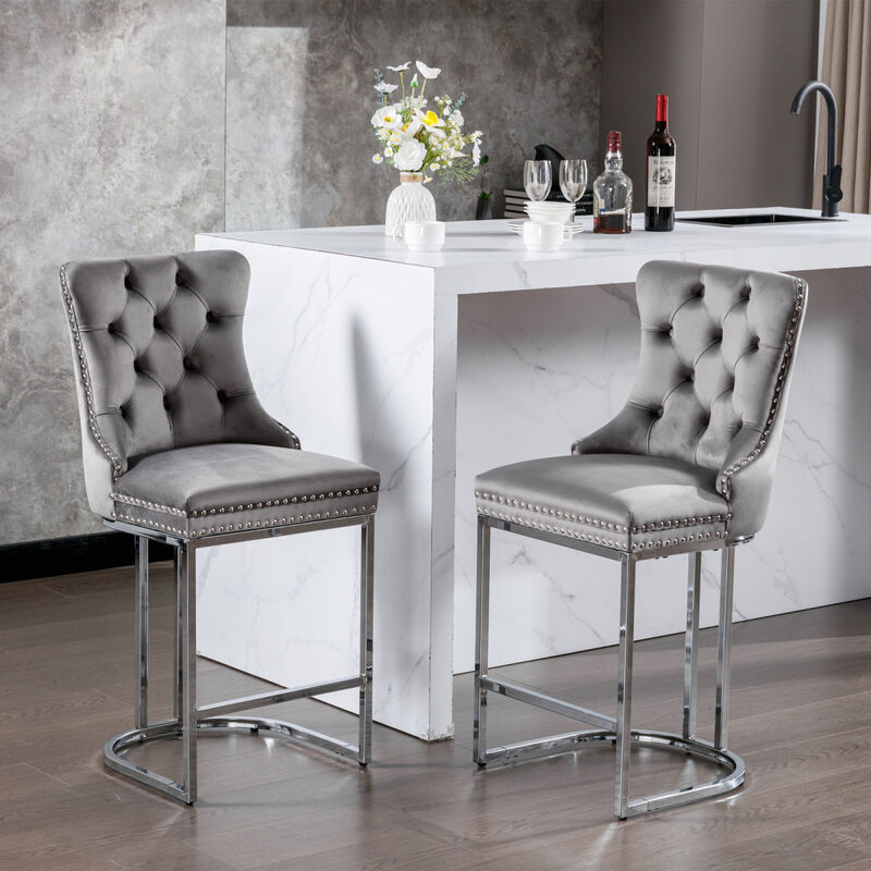Modern Gray Velvet Bar Stools Set Of 2