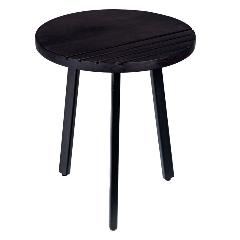 18 Inch Round Mango Wood Side End Table, Grooved Design, Metal Legs, Black-Benzara