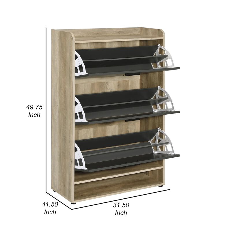 Danny Shoe Storage Cabinet, 3 Tiered, Bottom Shelf, Antiqued Gray Pine - Benzara