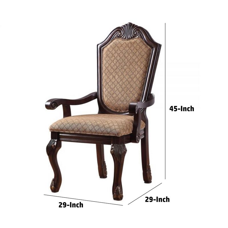 Loki 29 Inch Dining Armchair Set of 2, Beige Fabric, Crown Top Back, Brown  - Benzara