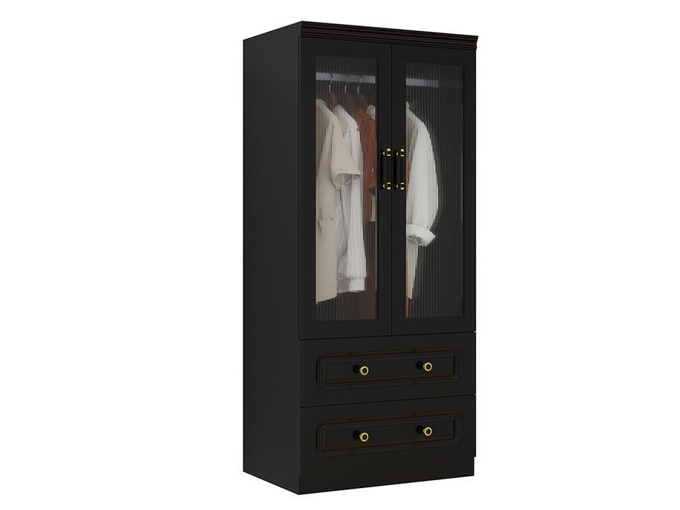 Armoire Wardrobe Closet Cabinet with 2 Doors and 2 Drawers, Armoire Wardrobe Closet with Hanging Rod, Wardrobe for Large Storage, Tall Closet Wardrobe with Drawers for Bedroom Black