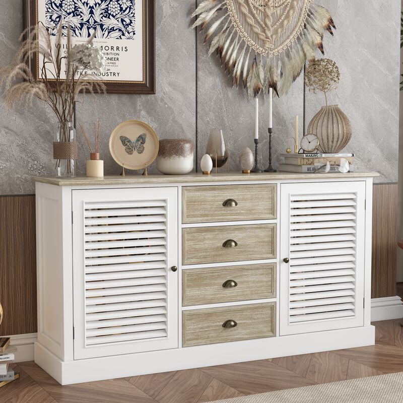 FUFU&GAGA Modern Sideboard Cabinet with Louvered Doors and Drawers,  (59"W x 15.7"D x 31.5"H),White and Brown
