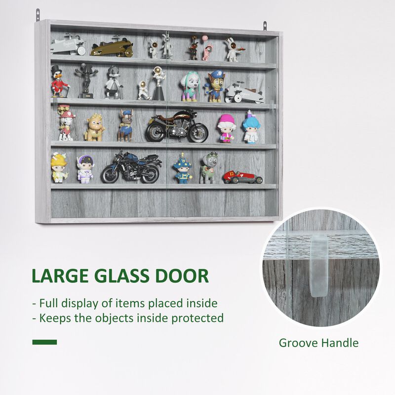 Gray Display Case: 5-Tier Wall-Mounted Glass Cabinet with Doors