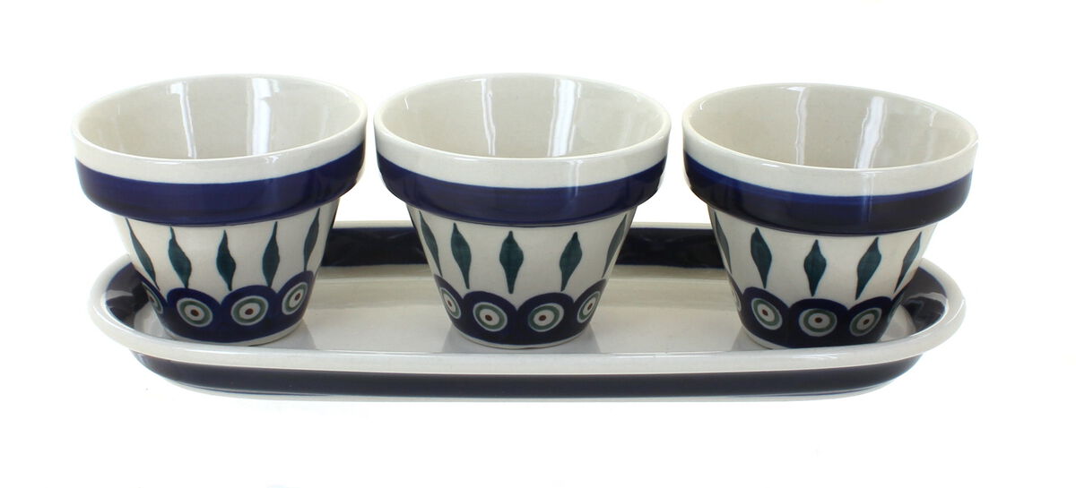 Blue Rose Polish Pottery Floral Butterfly Flower Pots with Tray