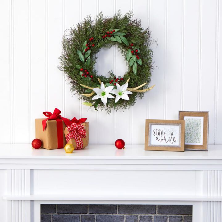 Hivvago 20" Cedar, Antlers, Lily and Ruscus with Berries Artificial Wreath