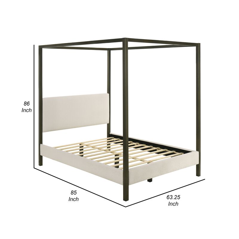 Rey Queen Size Canopy Bed, Padded Headboard, 4 Post Frame, Ivory Upholstery - Benzara