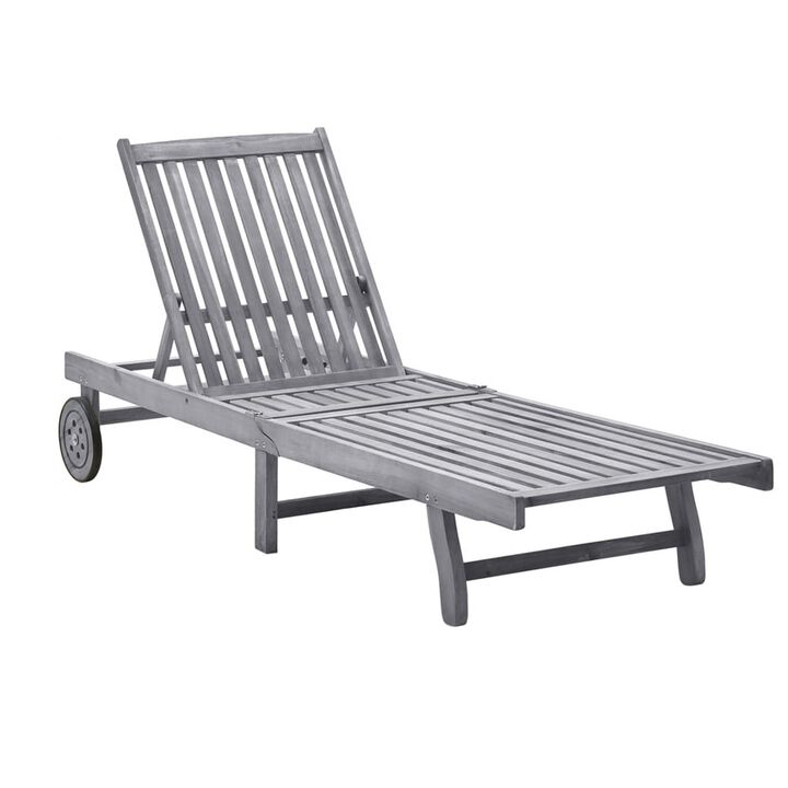 Outdoor Sun Lounger, Gray Acacia Wood, Ivory Fabric Cushion, 78 Inch - Benzara