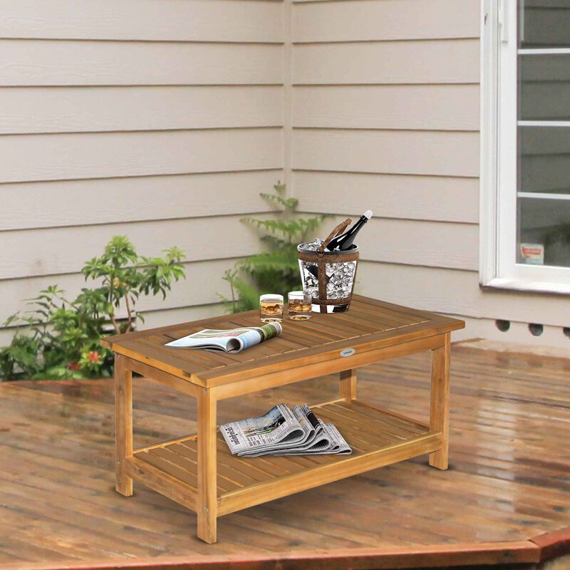 Backyard & Deck Wooden Tea Table w/ Simply Elegant Design & Two Storage Surfaces