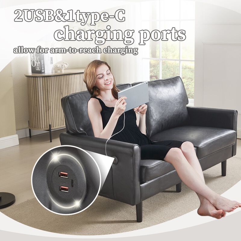Mondawe PU Leather Loveseat, 2 Seater Small Sofa Couches with USB & Removable Pillow Cover
