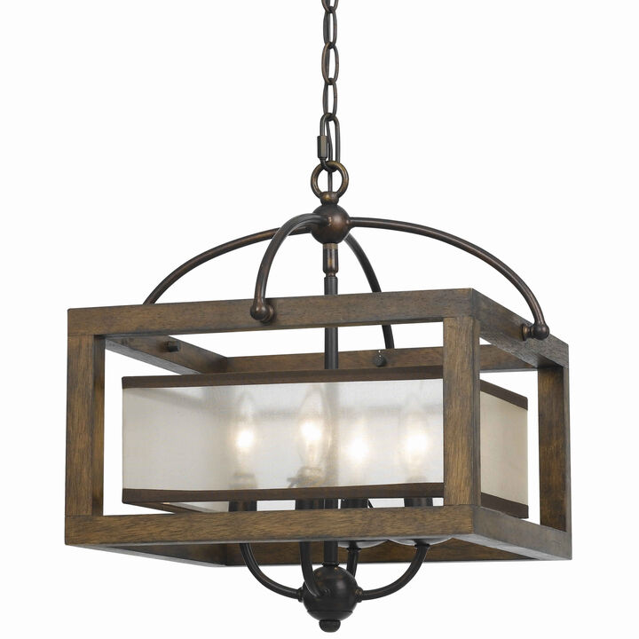 4 Bulb Semi Flush Pendant with Wooden Frame and Organza Striped Shade,Brown-Benzara