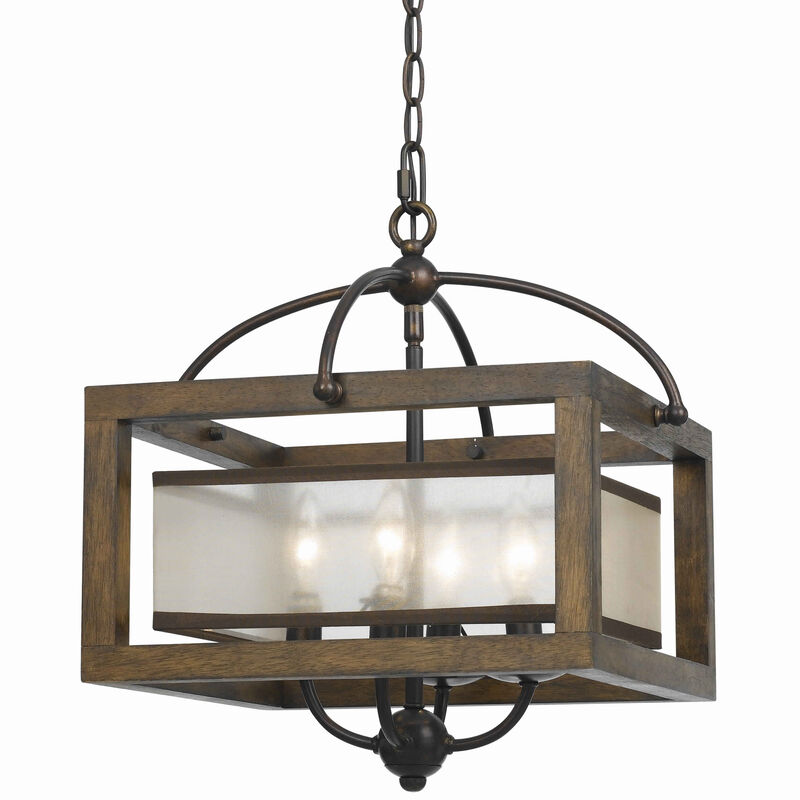 4 Bulb Semi Flush Pendant with Wooden Frame and Organza Striped Shade,Brown-Benzara