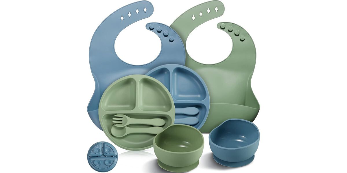 10-Piece Silicone Baby Feeding Set – Includes Suction Bowl, Divided Plate, Adjustable Bib, Soft Spoon & Fork for Infant Self-Feeding (Blue, Green).