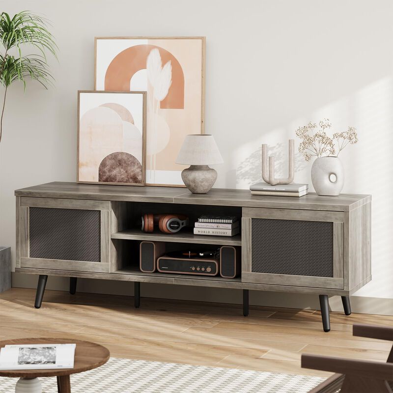 Grey TV Stand for 75 Inch TV, Boho Entertainment Center