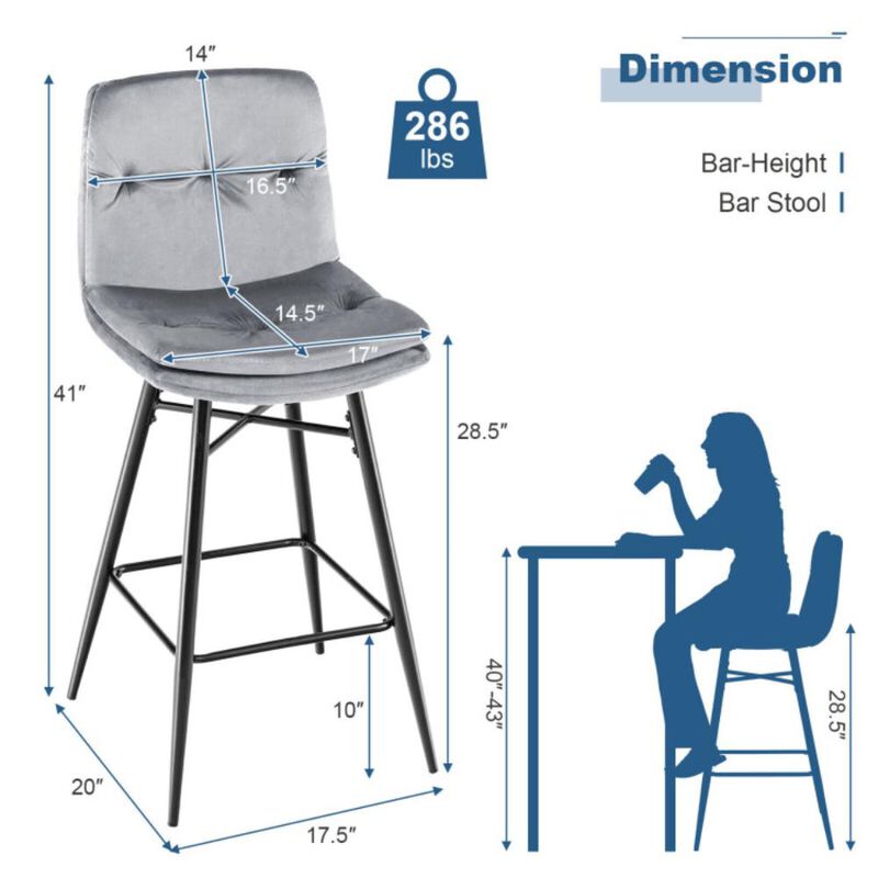 Hivvago 2 Pieces 29 Inch Velvet Bar Stools Set with Tufted Back and Footrests