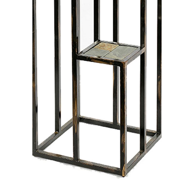 4 Tier Cast Iron Frame Plant Stand with Stone Topping, Black and Gold-Benzara