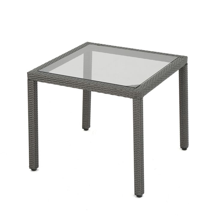 Yuzu Outdoor Dining Table, 34 Inch Square Glass Top, Gray Faux Wicker - Benzara