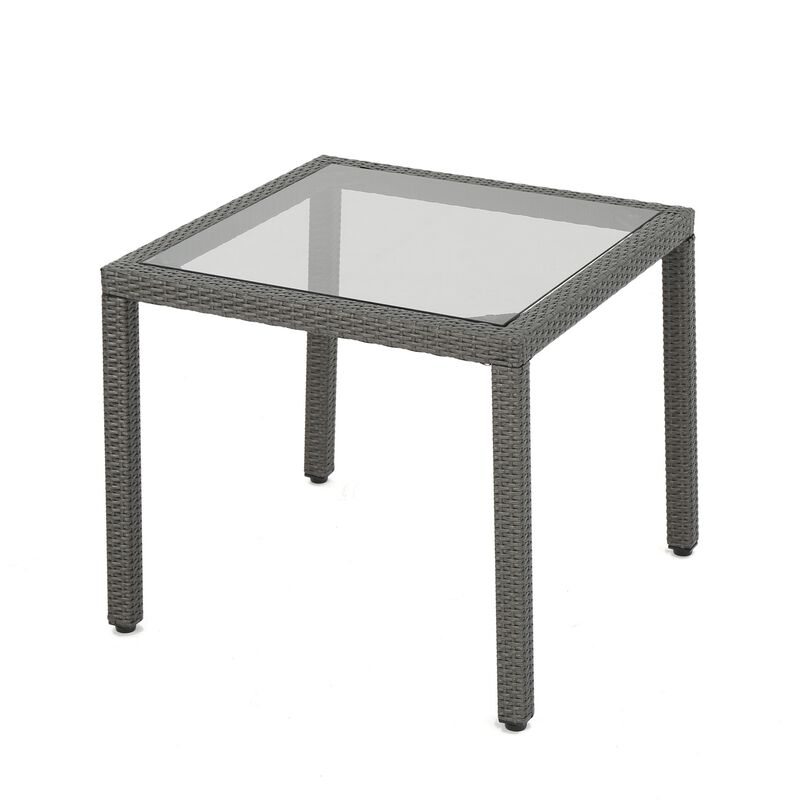 Yuzu Outdoor Dining Table, 34 Inch Square Glass Top, Gray Faux Wicker - Benzara