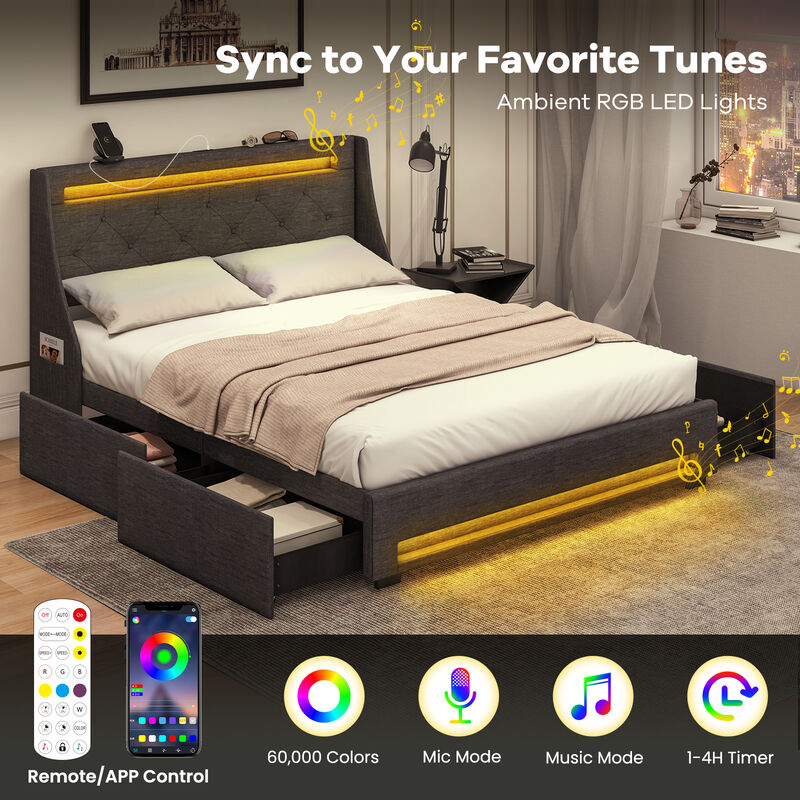 Upholstered Platform Bed Frame with LED Lights and Built-In Charging Station for Modern Convenience and Style