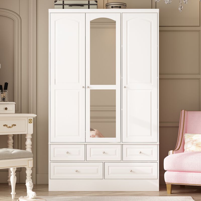 FUFU&GAGA Wardrobe with Mirror Doors, Hanging Rod, Shelves, and Drawers - Elegant Closet Storage Solution (47.8" W x 19.7" D x 78.7" H),White