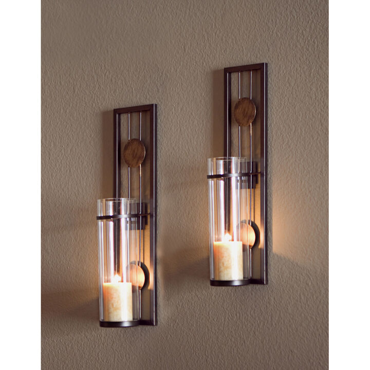 Set of Two Contemporary Metal Wall Sconces With Antique Patina Medallions