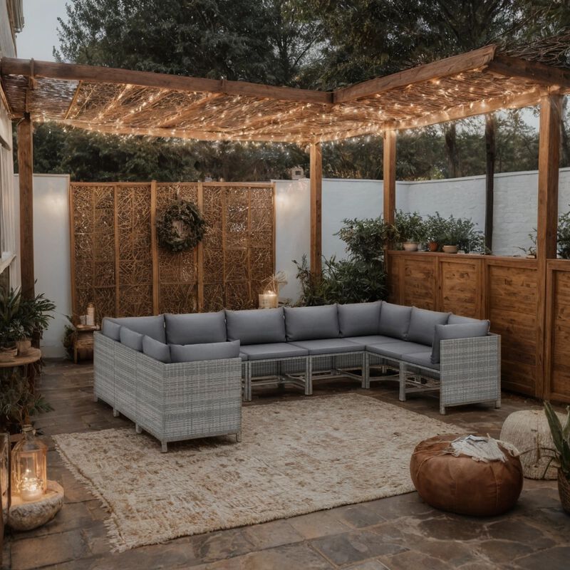 Outdoor 9pc Modular Lounge Sofa Set, Gray Cushions and Poly Rattan - Benzara