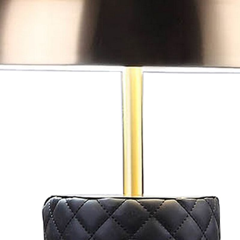 Aria 21 Inch Table Lamp, Dome Shade, Round Base, Black Faux Leather, Brass-Benzara