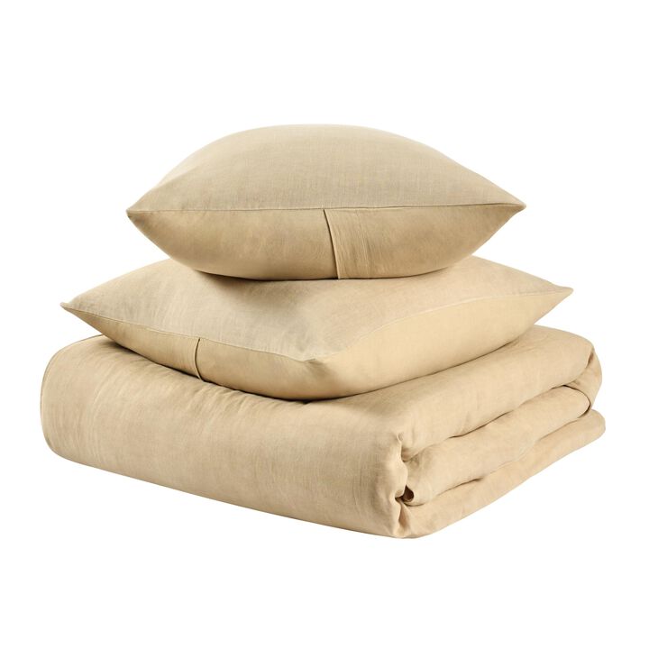 Paula 3 Piece King Size Duvet Set, Soft Ochre Amber Stone Washed Hemp - Benzara