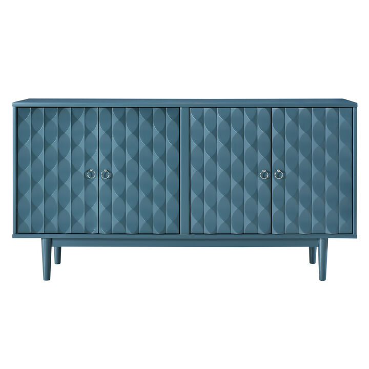 Clihome Modern 4-door Sideboard with Convex Pattern Doors and 2 Silver Handle for Living Room, Dining Room, Kitchen (Navy)