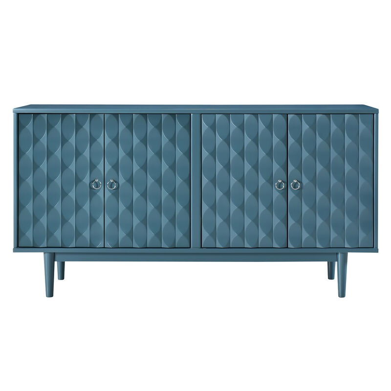 Clihome Modern 4-door Sideboard with Convex Pattern Doors and 2 Silver Handle for Living Room, Dining Room, Kitchen (Navy)