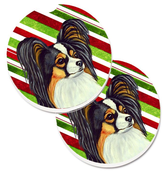 Caroline's Treasures Papillon Candy Cane Holiday Christmas Set of 2 Cup Holder Car Coasters LH9255CARC, 2.56, Multicolor
