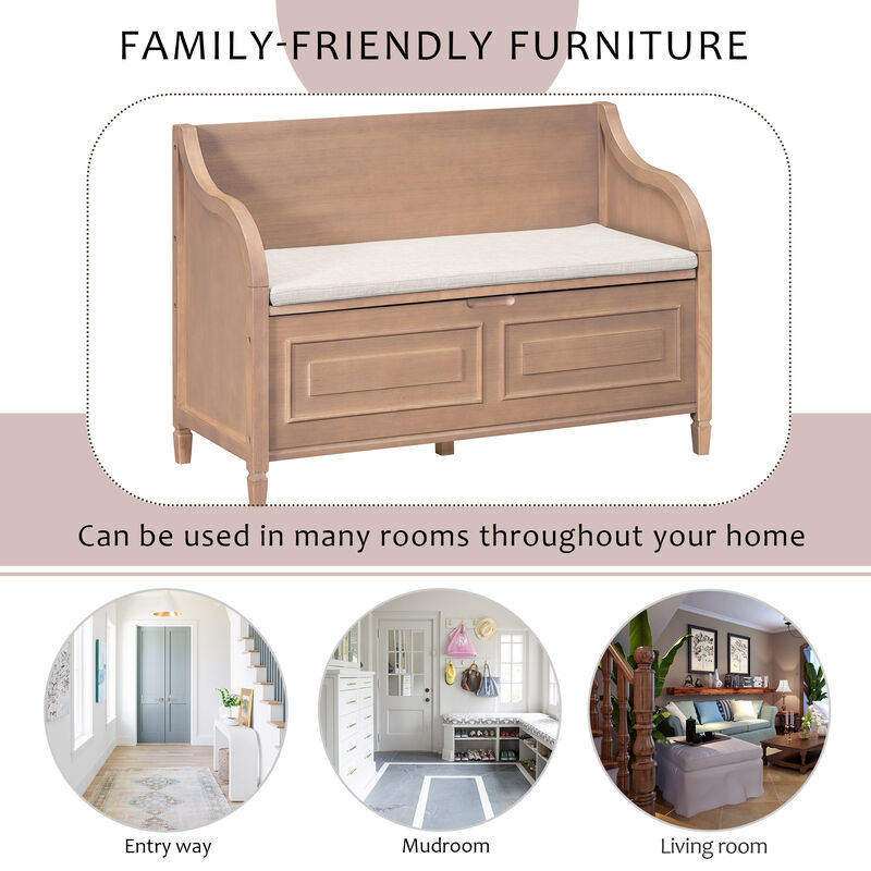 Gewnee Rustic Style Solid wood Entryway Multifunctional Storage Bench with Safety Hinge (Brown+ Beige)