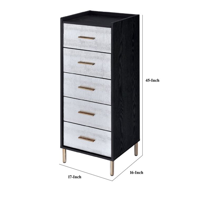 San 45 Inch 5 Drawer Jewelry Storage Chest, Gold Legs, Black and Silver-Benzara