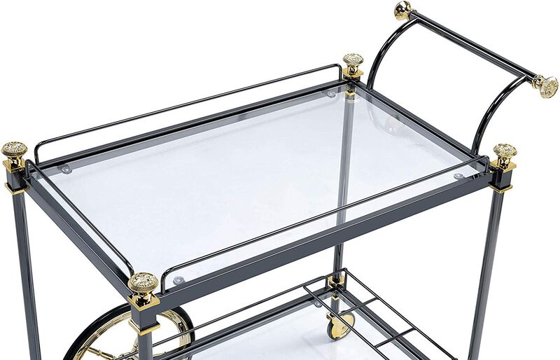 Metal Framed Serving Cart with Glass Shelves and Side Handle, Black and Gold - Benzara