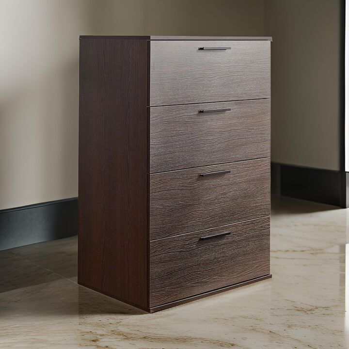 Levy Tall Dresser Chest, 4 Jumbo Drawers, Farmhouse Dark Brown Wood Finish - Benzara