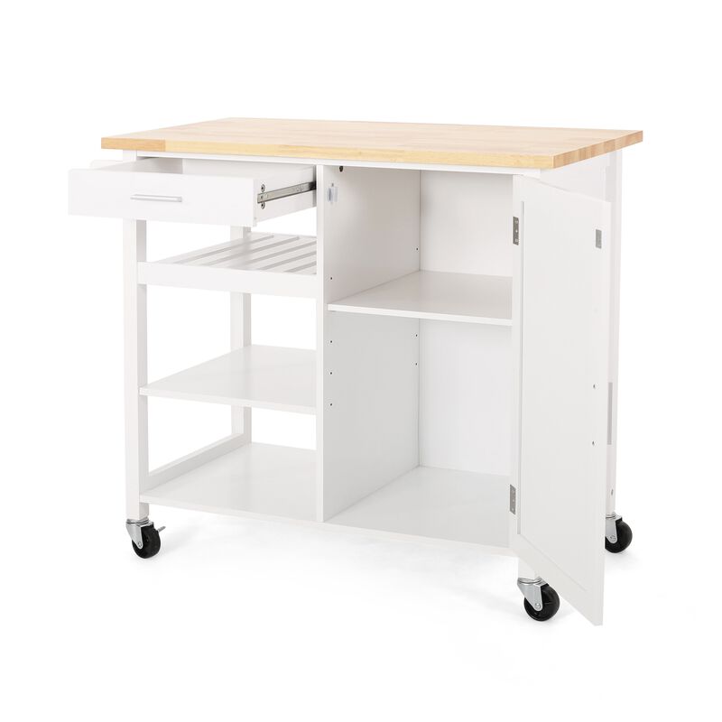 Alex Rolling Kitchen Island Bar Cart with Shelves, Brown Wood, White - Benzara
