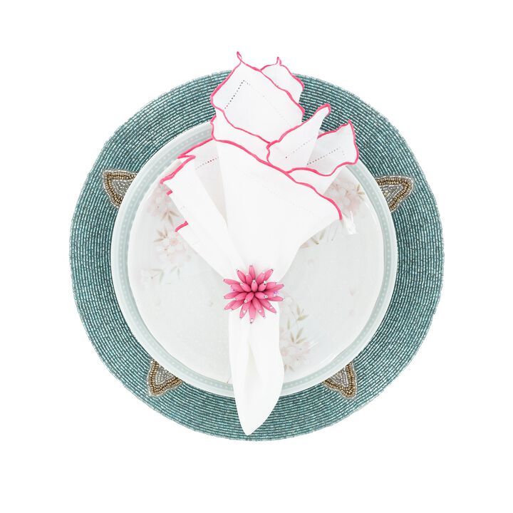 Linen Napkins With Pink Ruffled Hemstitch Edges, Set of 4