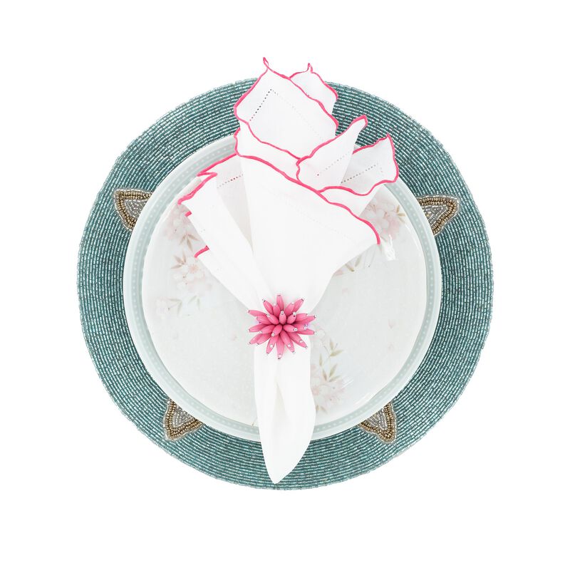 Linen Napkins With Pink Ruffled Hemstitch Edges, Set of 4