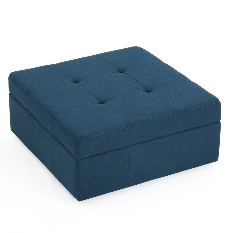 Low Accent Ottoman with Storage, 31 Inch Square, Tufted Navy Blue - Benzara