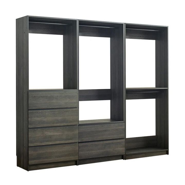 Dee Modular Closet System, 4 Hanging Rods, 6 Drawers, Dark Gray Wood - Benzara