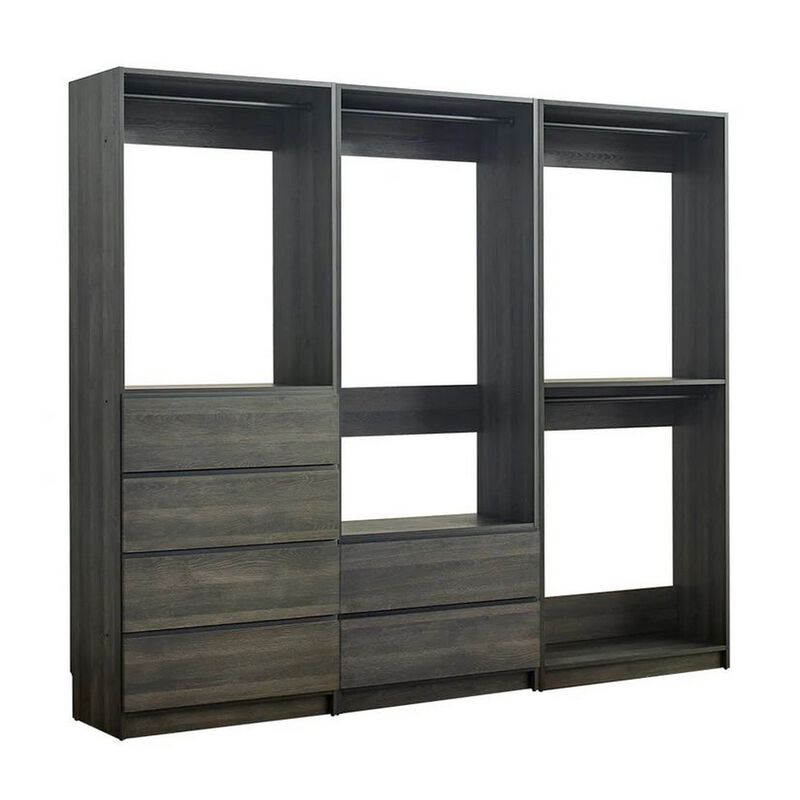 Dee Modular Closet System, 4 Hanging Rods, 6 Drawers, Dark Gray Wood - Benzara