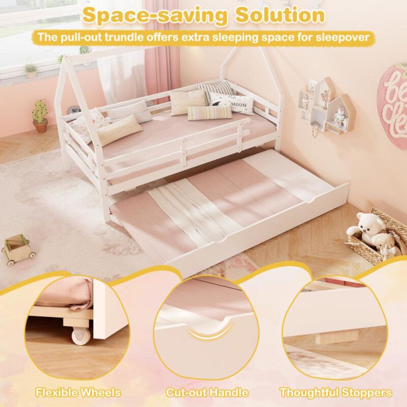 Hivvago Twin House Bed with Trundle and Fence Rail