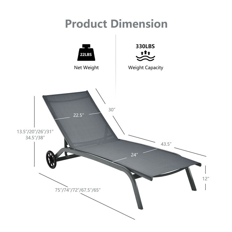 6-Poisition Adjustable Outdoor Chaise Recliner with Wheels