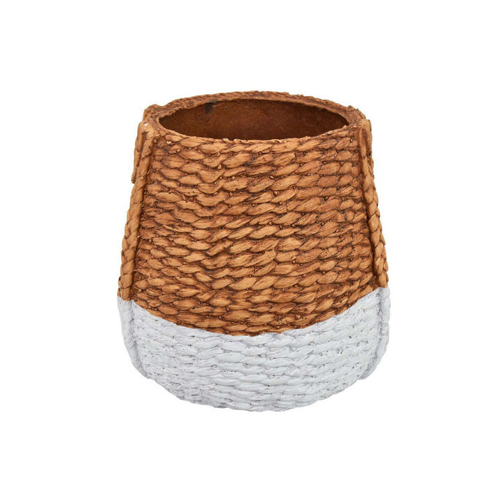 Reno 15 Inch Planter, Rope Woven Design, White and Brown Finished Resin - Benzara