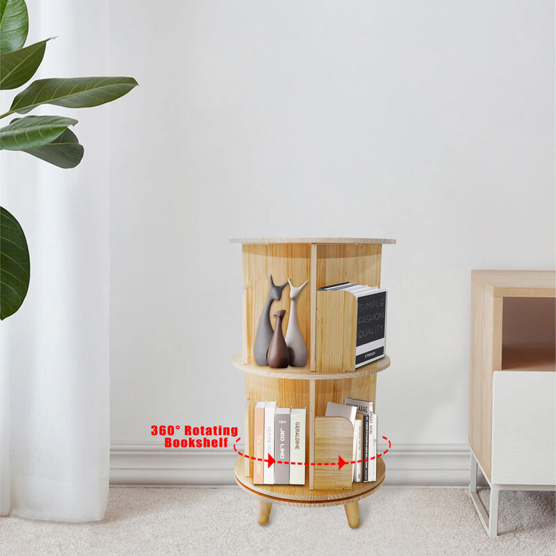Rotating 2-Layer Bookcase, 360° Pine Wood Bookshelf with Display Rack for Home or Office