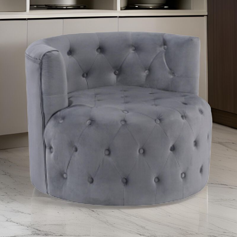 Alix 33 Inch Swivel Accent Chair, Round Design, Button Tufted Gray Velvet - Benzara